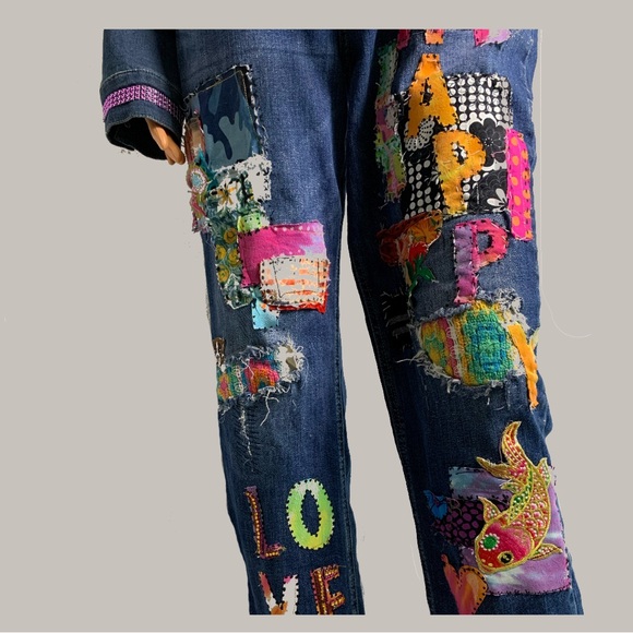 Upcycled Denim - Colorful Upcycled Patchwork and Embellished Women's Denim Jean